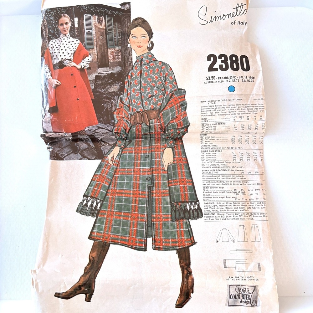 Vogue 2380 RARE Couture Simonetta Blouse Skirt Wrap Sz 10 Italian Catalog Pg UC